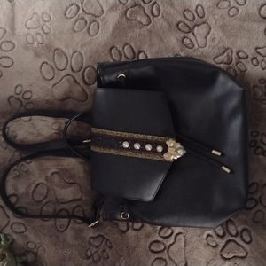 Aldo Aradoven Lock Heart Pearl Bow Blk Faux Leather Backpack Gold Color Hardware